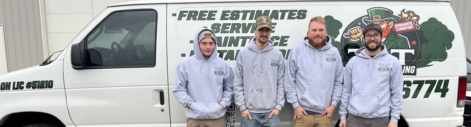 The T&T Heating & Cooling team in front of the company van in Amherst, Ohio
